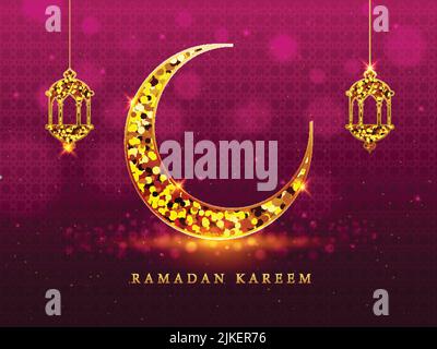 Golden Ramadan Kareem texte avec effet de lumière croissant de lune, lanternes accrochant sur le fond rose foncé de motif islamique de bokeh. Illustration de Vecteur