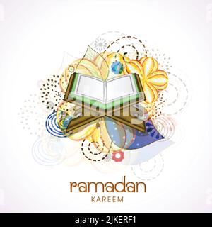 Ramadan Kareem Celebration concept avec livre ouvert Saint Coran à Rehal et fleurs décorées sur fond blanc. Illustration de Vecteur