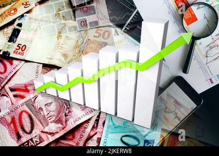 Graphique de l'économie - flèche vers le haut, Reals brésiliens en espèces et indicateurs du marché boursier (monnaie, finances, affaires, inflation) Banque D'Images