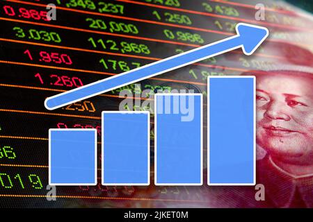Graphique de l'économie : flèche montante, yuan chinois en espèces et indicateurs boursiers (monnaie, inflation, finance, succès) Banque D'Images