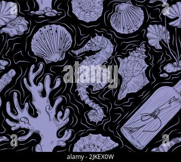 Motif vectoriel sans couture sur le thème des profondeurs de la mer. Idéal pour l'impression textile, le papier peint et l'emballage Illustration de Vecteur