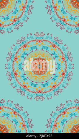 Motif coloré et complexe de cercle de mandala sur bleu pâle. Banque D'Images
