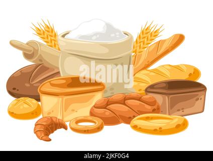 Fond avec du pain et tout pour la cuisson. Image pour les boulangeries et les épiceries. Une alimentation traditionnelle saine. Illustration de Vecteur