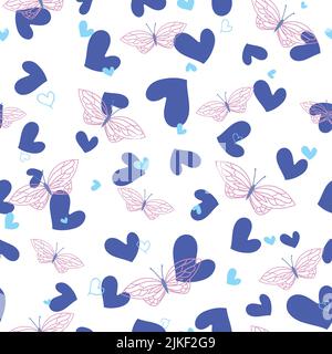 Vecteur bleu coeurs violet papillons isolés sur fond blanc sans couture répétition de motif Illustration de Vecteur