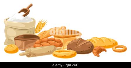 Fond avec du pain et tout pour la cuisson. Image pour les boulangeries et les épiceries. Une alimentation traditionnelle saine. Illustration de Vecteur