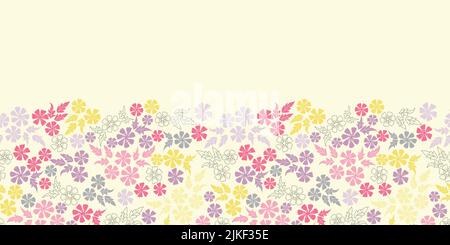 Bouquets élégants de fleurs colorées sur un tissu léger vector sans couture avec motif de bordure horizontal et éléments dessinés à la main Illustration de Vecteur