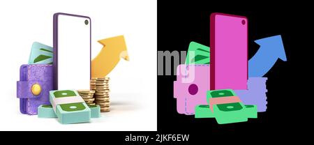 Сoncept d'accumulation de fonds smartphone avec carte de crédit et les factures 3D rendent l'illustration sur blanc avec alpha Banque D'Images