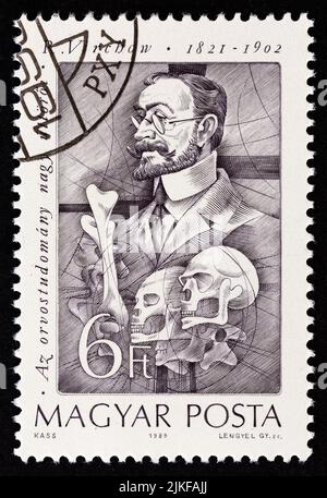 HONGRIE - VERS 1989: Un timbre imprimé en Hongrie du numéro "pionniers de la médecine (série 2nd)" montre Rudolf Virchow (théorie cellulaire), vers 1989. Banque D'Images