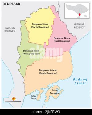 Carte vectorielle de la capitale balinaise Denpasar, Indonésie Banque D'Images