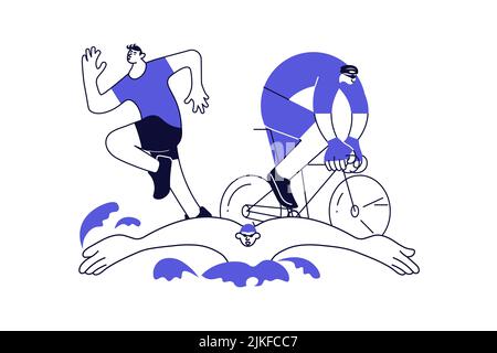 Bannière de triathlon avec des athlètes isolés sur fond blanc. Ensemble de sports de natation, de cyclisme et de coureur. Illustration de l'art plat Banque D'Images