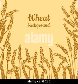Arrière-plan de cadre doré d'oreille de blé. Modèle de conception céréales blé à pointes mûres, motif de bordure. Symbole de la farine agricole, production de farine. Éléments de ferme biologiques, étiquette d'emballage de bière de pain Illustration de Vecteur