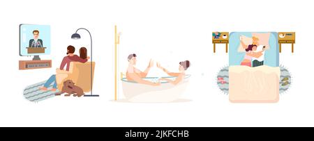 Ensemble de couple femme et homme passent leur temps ensemble à la maison. Regarder un film, se baigner romantique et prendre le petit déjeuner dans la chambre. Illustration de l'art plat Banque D'Images