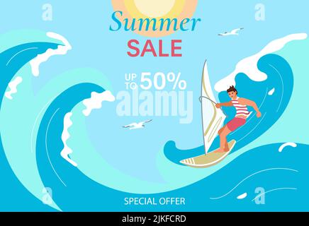 Une femme surfeuse fait le tour de la vague de précipitation barrée. Super Summer sale bannière colorée et lumineuse. Illustration Flat Art Banque D'Images