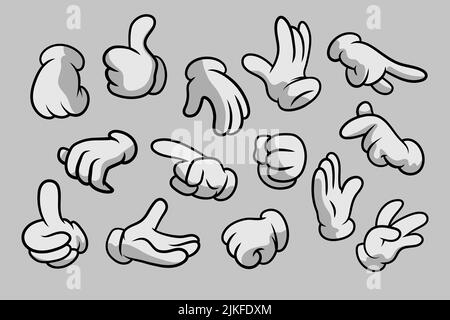 Retro Cartoon gants les mains gestes. Mains de dessin animé avec gants Icon Set isolé. Vector Clipart - parties du corps, bras en gants blancs. Mouvement de la main Illustration de Vecteur