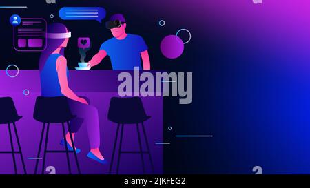 Communication dans Metaverse. Online Dating, Coffee Shop Conceptual Illustration. Illustration vectorielle Illustration de Vecteur