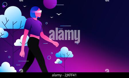 Femme prenant une promenade dans la réalité de Metaverse. Illustration graphique isométrique. Illustration vectorielle Illustration de Vecteur