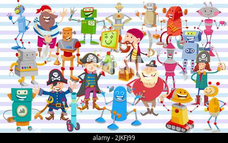 illustrations de dessins animés de robots et de pirates fantaisie personnages ensemble ou paquet de papier ou conception de tissu Illustration de Vecteur