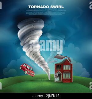Tornado conception naturelle de catastrophe comprenant la maison avec porte de toit cassé et fenêtre volant voiture poussière vecteur illustration Illustration de Vecteur