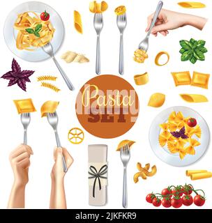 Différents types de pâtes et de plats de restaurant réaliste ensemble isolé illustration vectorielle sur fond blanc Illustration de Vecteur