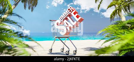 L'inscription vente d'été sur une plage tropicale dans un panier - vente d'été image promotionnelle - 3D rendu Banque D'Images