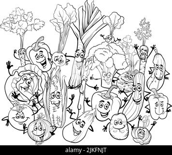 Dessin animé noir et blanc illustration de drôle de fruit comic caractères groupe coloriage page Illustration de Vecteur