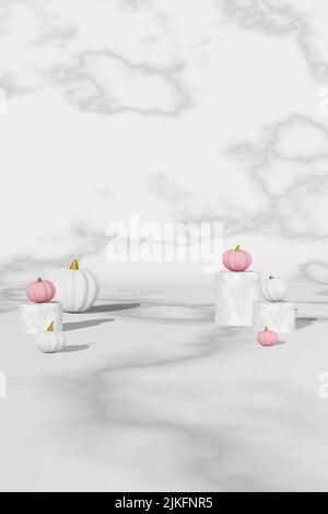 Concept créatif automne rose blanc citrouilles marbre podium scène 3D rendu. Halloween Thanksgiving solde de saison. Vitrine de promotion des produits. A Banque D'Images