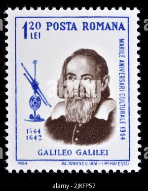 Timbre-poste roumain (1964) : Galileo Galilei (1564-1642), astronome italien Banque D'Images