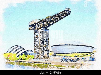 Glasgow, Écosse, Royaume-Uni, avril 24th 2022, Clydeport Crane avec le secteur hydro et le bâtiment Armadillo Banque D'Images