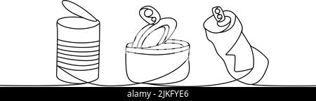 Jeu de déchets d'aluminium un dessin continu de ligne. Boîtes métalliques, boîte en étain, illustration d'un jeu de lignes continu. Illustration linéaire minimaliste vectorielle. Illustration de Vecteur