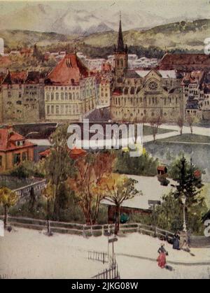 BERNE DU SCHANZLI siège du Gouvernement suisse. Le Rathhaus, une « vieille église catholique » moderne, au centre de l’image. Les montagnes de l'Oberland bernois dans la brume chaude au sommet peint par A. D. McCormick dans le livre ' les Alpes ' par Sir William Martin Conway, Date de publication 1904 Editeur Londres : Adam et Charles Black Arthur David McCormick FRG (Coleraine 14 octobre 1860 – 1943) était un illustrateur et peintre britannique remarquable de paysages, de scènes historiques, de sujets navals et de scènes de genre. Banque D'Images