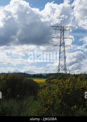 Pylônes d'électricité dans un champ de colza, avec balai en premier plan, ciel bleu nuageux et soleil. Banque D'Images