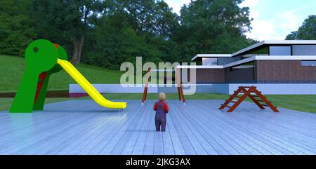 Un enfant sur l'aire de jeux avec la toile de fond d'une maison moderne. Tableau lumineux. Balançoires, toboggan pour enfants. 3d rendu. Banque D'Images