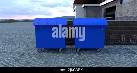 Deux bennes bleues devant l'entrée de la maison. Parking pour vélos en acier à proximité. Pavés multicolores. 3d rendu. Banque D'Images