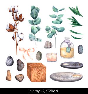 Ensemble avec huiles aromatiques, pierres, coton, romarin, brindilles d'eucalyptus, bois, bougies. Illustration aquarelle. Pour le design, la publicité, le menu spa Banque D'Images