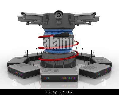 3d rendu de la base de données connectée par câble auxiliaire autour du modem wifi Banque D'Images