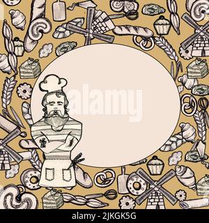 Vintage Bakery main Doodle cadre arrière-plan avec cuisine, la pâtisserie de figurine, les produits de boulangerie et boulanger.composition en forme de Cirkle. Style d'esquisse Doodle Banque D'Images