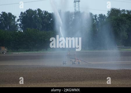 Irrigation d'un champ fraîchement semé en été à Hesse, en Allemagne. La fontaine de pulvérisation lutte contre la sécheresse pour sauver la récolte. Banque D'Images