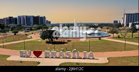 A panoramic shot of Brasilia city center is seen from the Television Tower with a view of the esplanade of ministers and the national congress Stock Photo