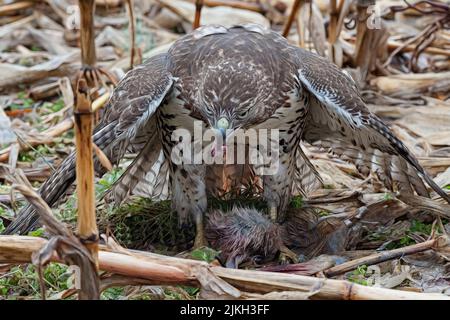 Red Faucon à queue mangeant tout en protégeant sa mort Banque D'Images