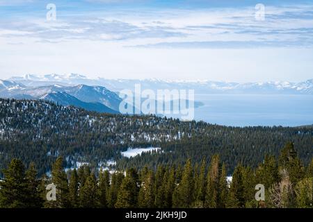 A scenic view of Mount Rose Trial looking down toward Lake Tahoe and Crystal Bay in Nevada, USA Stock Photo