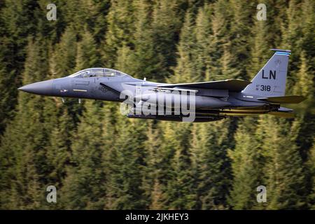 A USAF F15E jet low-level training in the Mach Loop, North Wales, the UK Stock Photo