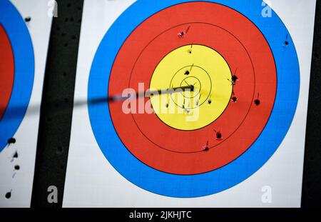 A closeup of an arrow hit to the center of the target on a white background - business success, investment goal, achievement concept Stock Photo