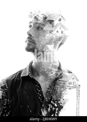 Une œuvre surréaliste mêlant portrait et peinture Banque D'Images