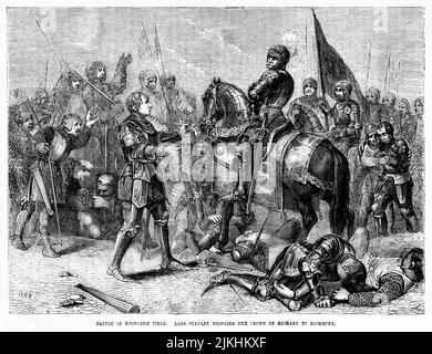 Battle of Bosworth Field, Lord Stanley amenant la couronne de Richard à Richmond, illustration du livre, « John Cassel's Illustrated History of England, Volume II », texte de William Howitt, Cassell, Petter et Galpin, Londres, 1858 Banque D'Images