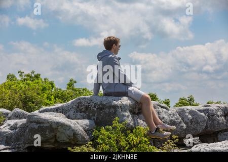 Un jeune homme caucasien regardant les montagnes dans les rochers de l'ours dans la région sauvage de Dolly Sods, WV, États-Unis Banque D'Images