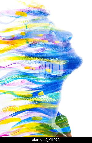 Peinture. Peinture colorée fusionnée avec un portrait Banque D'Images