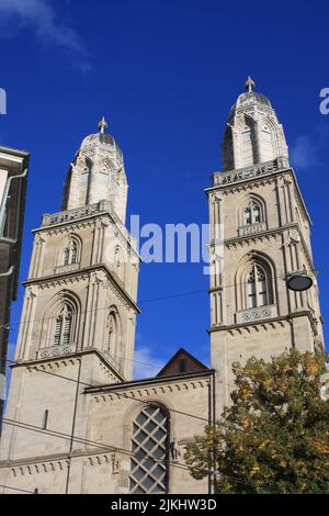 A vertical shot of Grossmunster church in Zurich, Switzerland Stock Photo