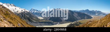 Vue panoramique sur le mont Cook et la vallée de Hooker depuis la route Mueller Hut, le parc national de Mount Cook, île du Sud de la Nouvelle-Zélande Banque D'Images