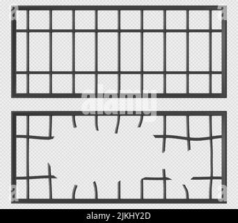 Fenêtres de cage de prison avec grille de barres métalliques. Illustration vectorielle réaliste des fenêtres de cellules de prison avec grille de tiges de fer et grilles cassées isolées sur fond transparent Illustration de Vecteur