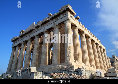 A low angle view of the Parthenon against the sky, Athenian Acropolis, Greece Stock Photo